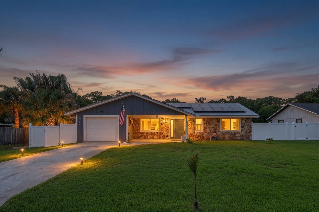 Twilight view of the front exterior of 6145 SE Audubon Lane in Hobe Sound, FL, showing the owned solar panel array on the roof