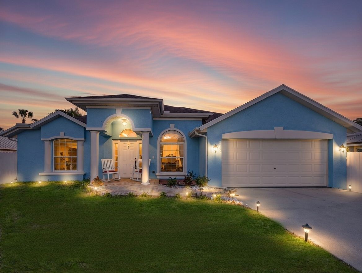 Twilight view of the powder-blue front exterior of 982 SW Worcester Lane in Port St. Lucie, FL